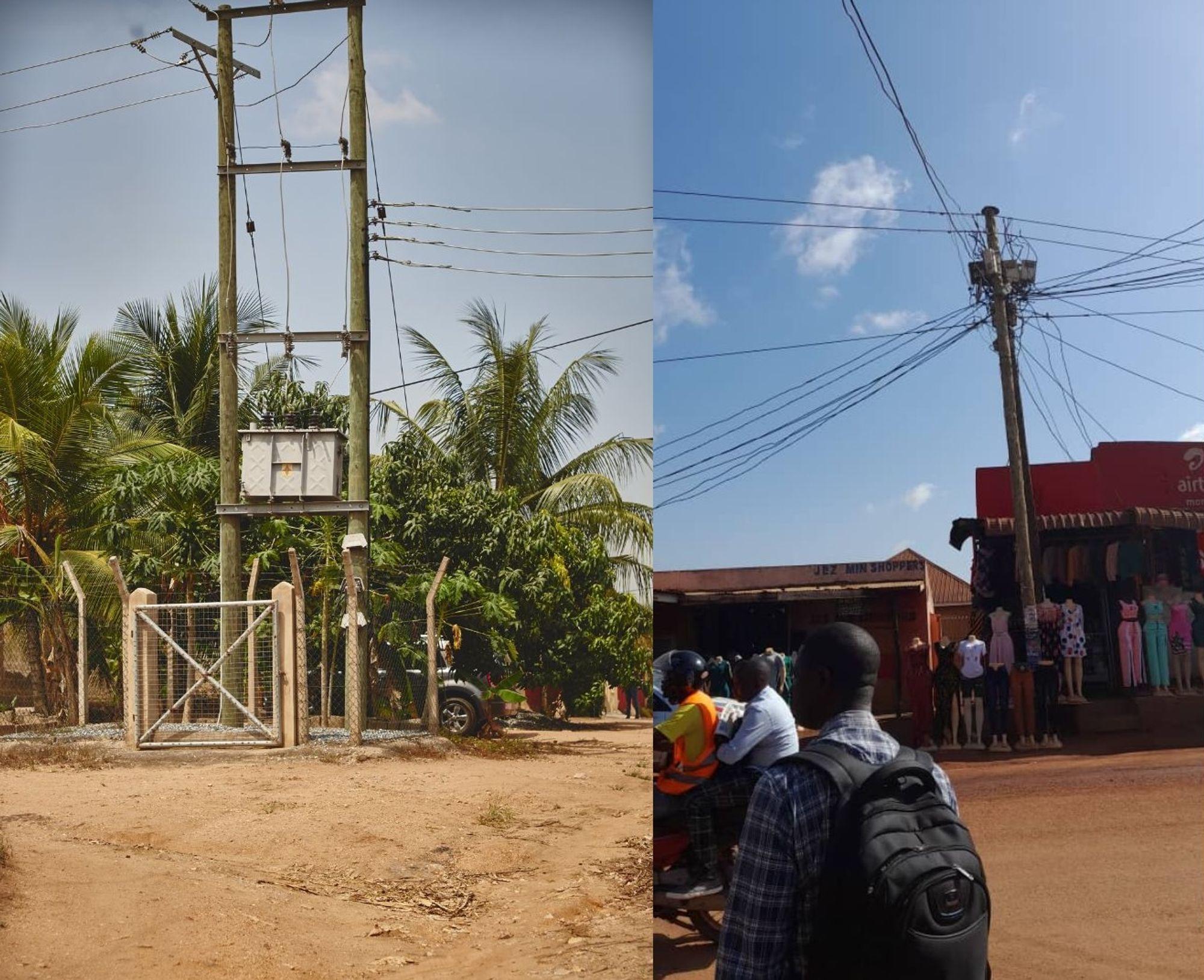 The unseen grid. (Left) A transformer in Accra, Ghana; (Right) The complex web of lines coming into and out of a utility pole in Kampala, Uganda. Around the world, grid infrastructure like this delivers critical electricity supply to homes and businesses, and yet we rarely stop to notice it in our daily lives.