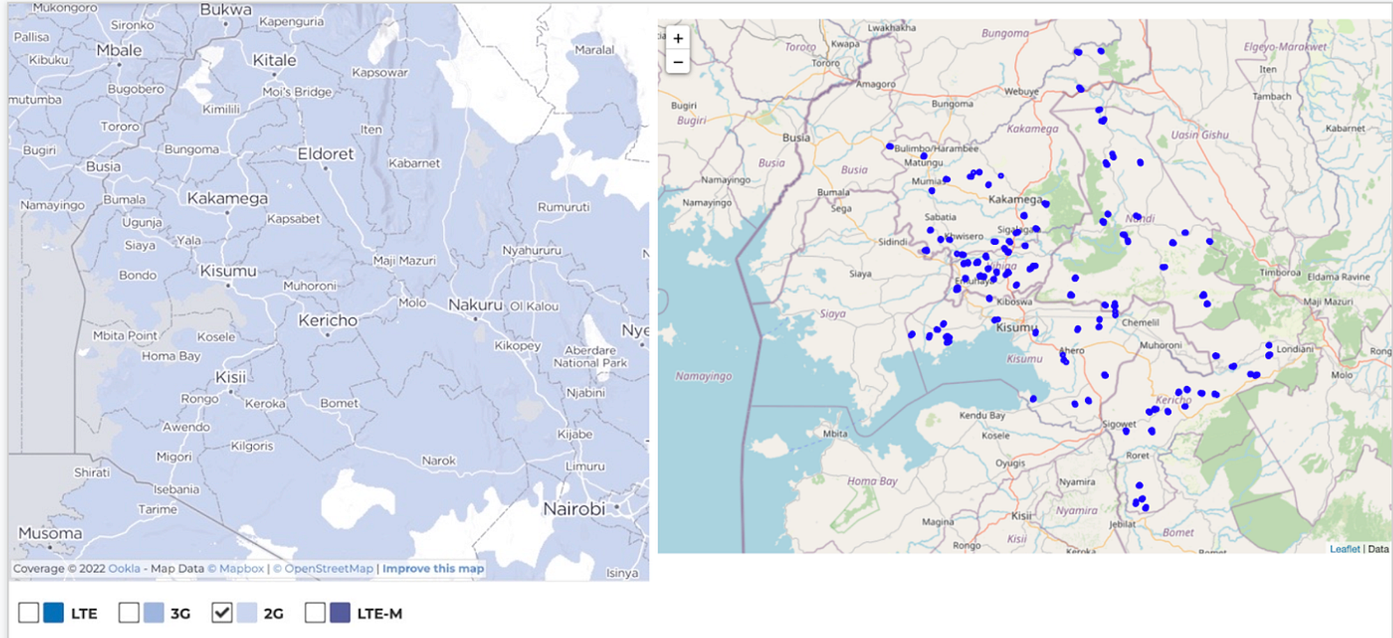 Figure 2: [Left]: Aeris map showing 2G cellular coverage in the five study counties in Kenya (Kakamega, Kericho, Kisumu, Nandi, and Vihiga). The map shows wide coverage, yet it was important to test the level of cellular coverage of this region to ascertain the likelihood of data collection success. [Right]: map showing the locations where the sensors were deployed in Kenya.