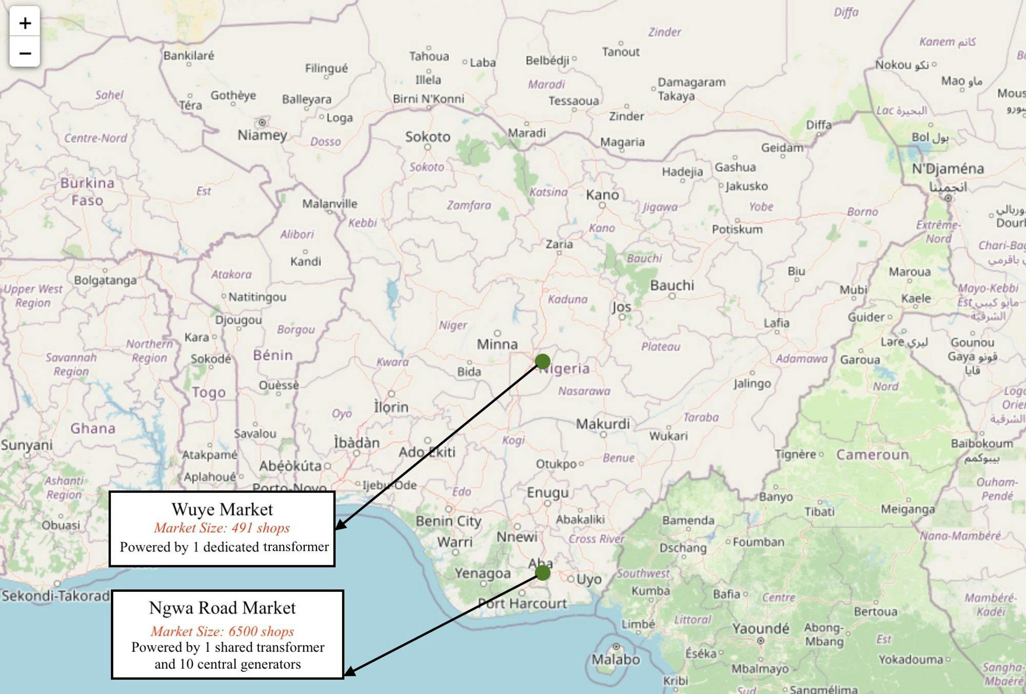 Figure 5: Geographical locations of Wuye and Ngwa Road markets in Nigeria. Wuye Market is located in Abuja, in the Federal Capital Territory, and Ngwa Road Market is located in Aba, in the southeast region of the country.