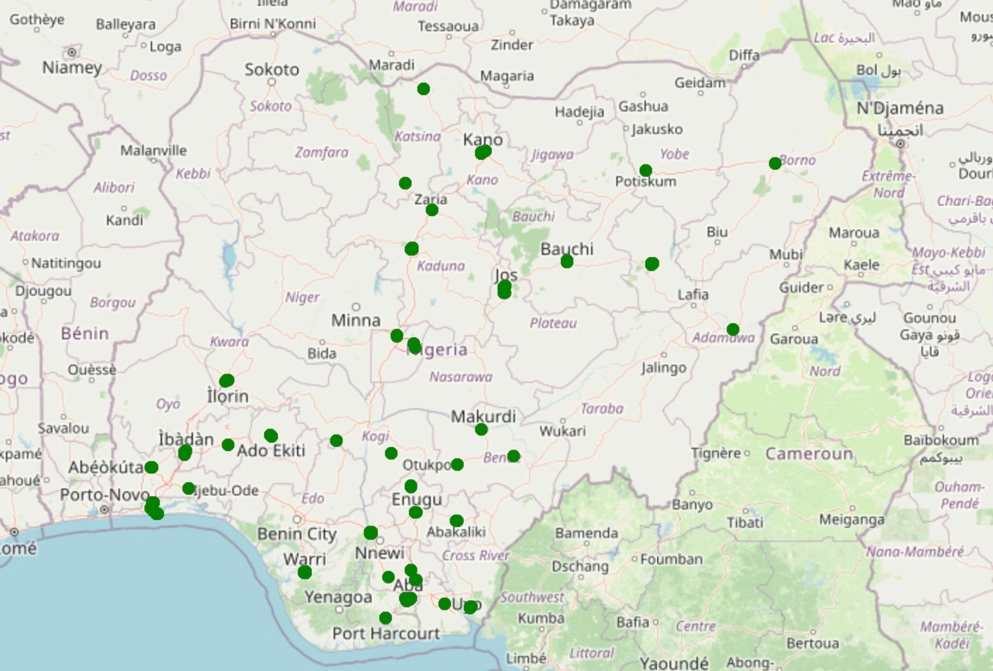 Figure 1: Across Nigeria, 80 markets were selected by Nigeria’s Rural Electrification Agency (REA) for a baseline energy audit survey to inform future energy system investments. nLine sensors were placed in a subset of these markets to remotely monitor power quality and reliability. Note: the locations of some markets overlap with each other at this resolution level.