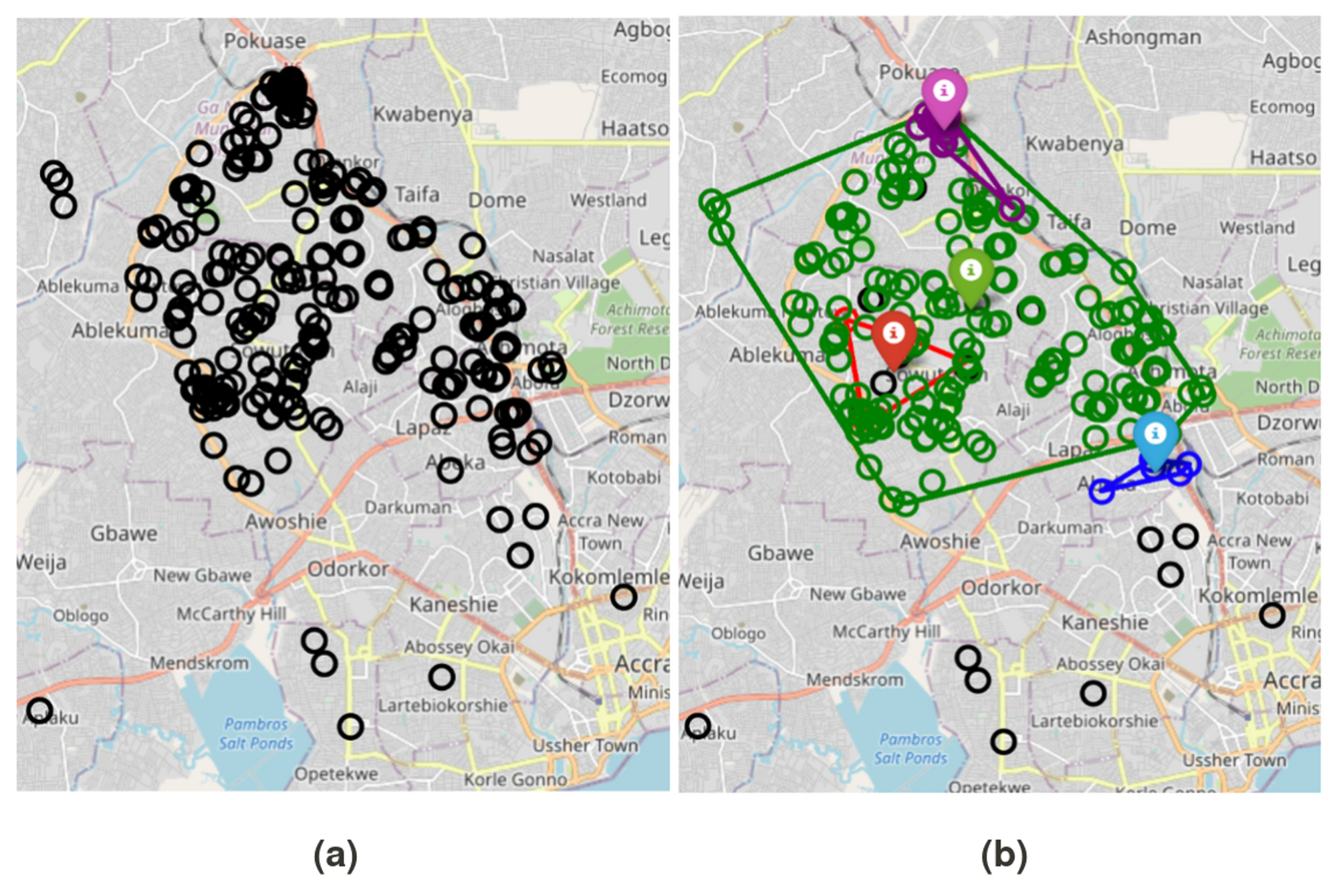 Figure 5: Localized vs large scale outages. Map of clustered outage reports for between "2021-10-01" to "2021-10-02" in Accra. The larger cluster(mapped in green) likely represents an MV/HV outage which affected a large geographical area while the smaller ones(red, purple, and blue) represent LV outages. Determining and differentiating MV/LV outages from LV outages can help us tell where these outages occur in the grid infrastructure. We may be able to tell whether an outage is due to a transformer failure or due to a failure higher upstream in the MV/LV lines. We could also tell if an outage is likely due to a generation/transmission failure or issues at the distribution level.