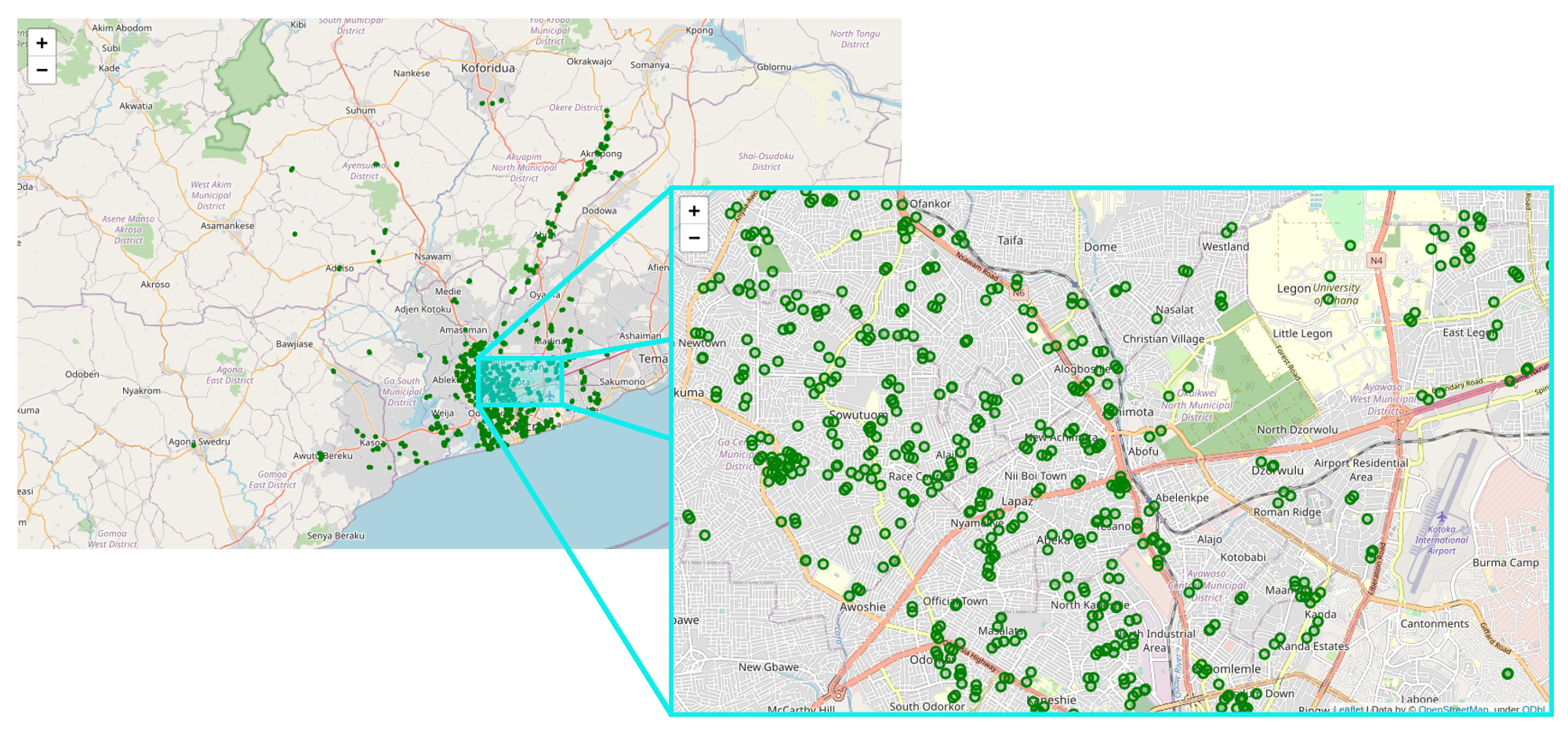 Figure 5. This is our deployment in the Greater Accra Region, with a zoom on the region around Koforidua Airport and the University of Ghana. At the time of writing, we have sensors installed in 1,258 homes and businesses across Accra, at 441 sites (i.e. distribution transformers).