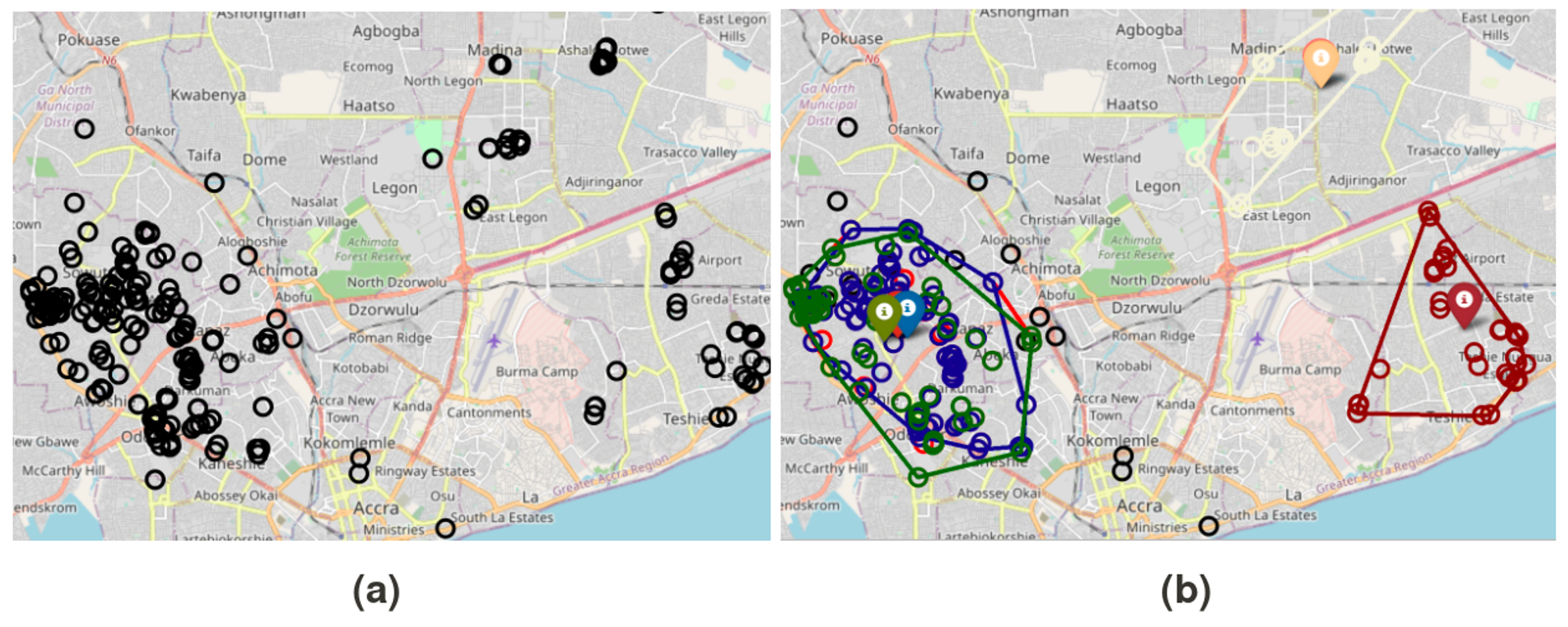 Figure 4: Repeated outages involving the same set of sensors could signal a problem with a specific distribution transformer. Map of clustered outage reports for between "2021-06-02 21:00:00" to "2021-06-03 21:00:00" in Accra. The purple, green, red, colored clusters around the same area means these are three outages that occurred at different times but on approximately the same sets of sensors. These sensors are likely connected to the same feeder or transformer which keeps failing causing the outages to be reported on the same set of sensors.