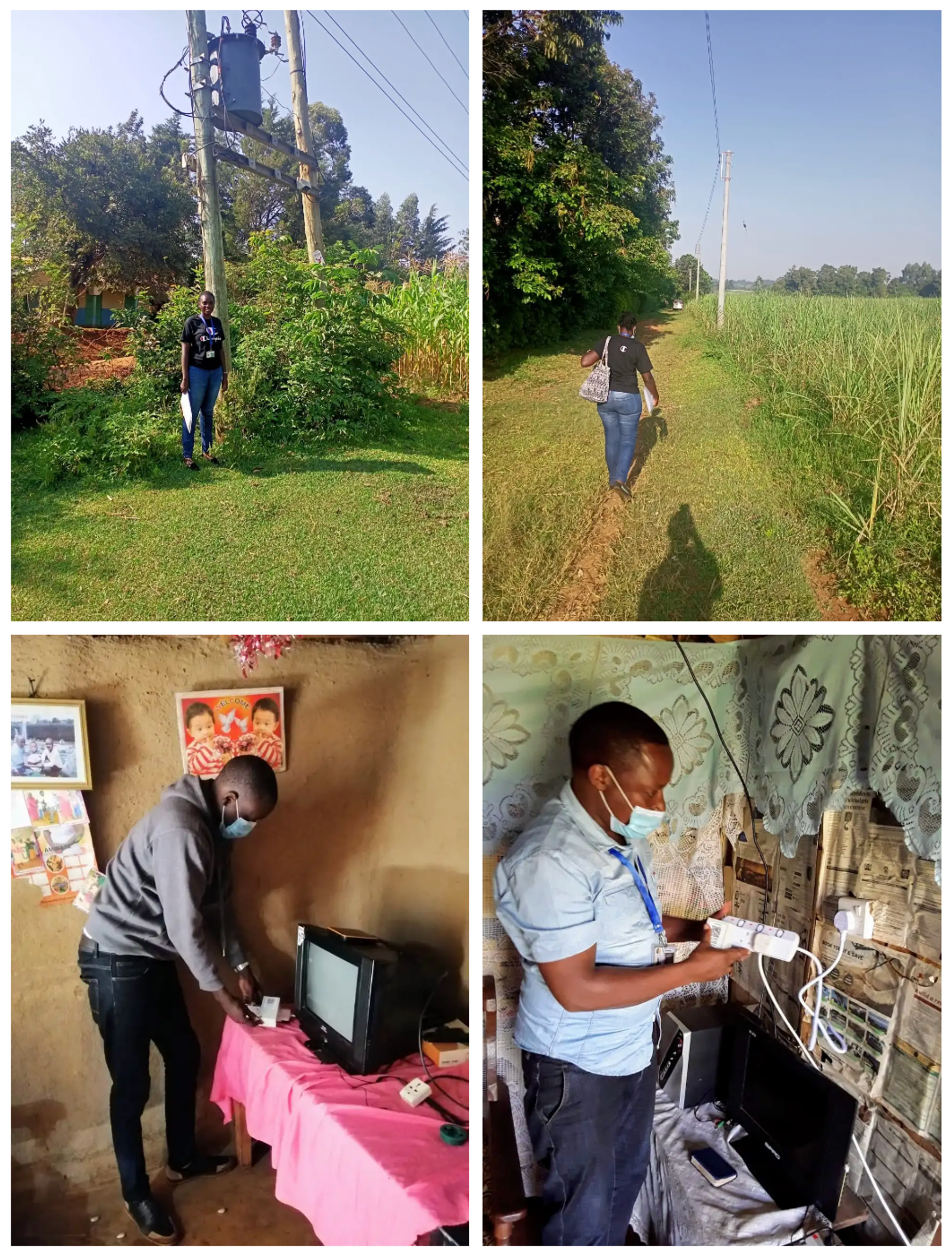 Figure 1: Locating central transformers and installing sensors. In each LMCP village sampled for this study, the project team first located the central transformer (top left). Then, the team walked along the low-voltage line network (top right) to locate eligible households for sensor installation (bottom photos). The distance of the household along the LV network line was recorded so researchers could study whether the distance of a household from the central transformer affects voltage quality experienced by that household.