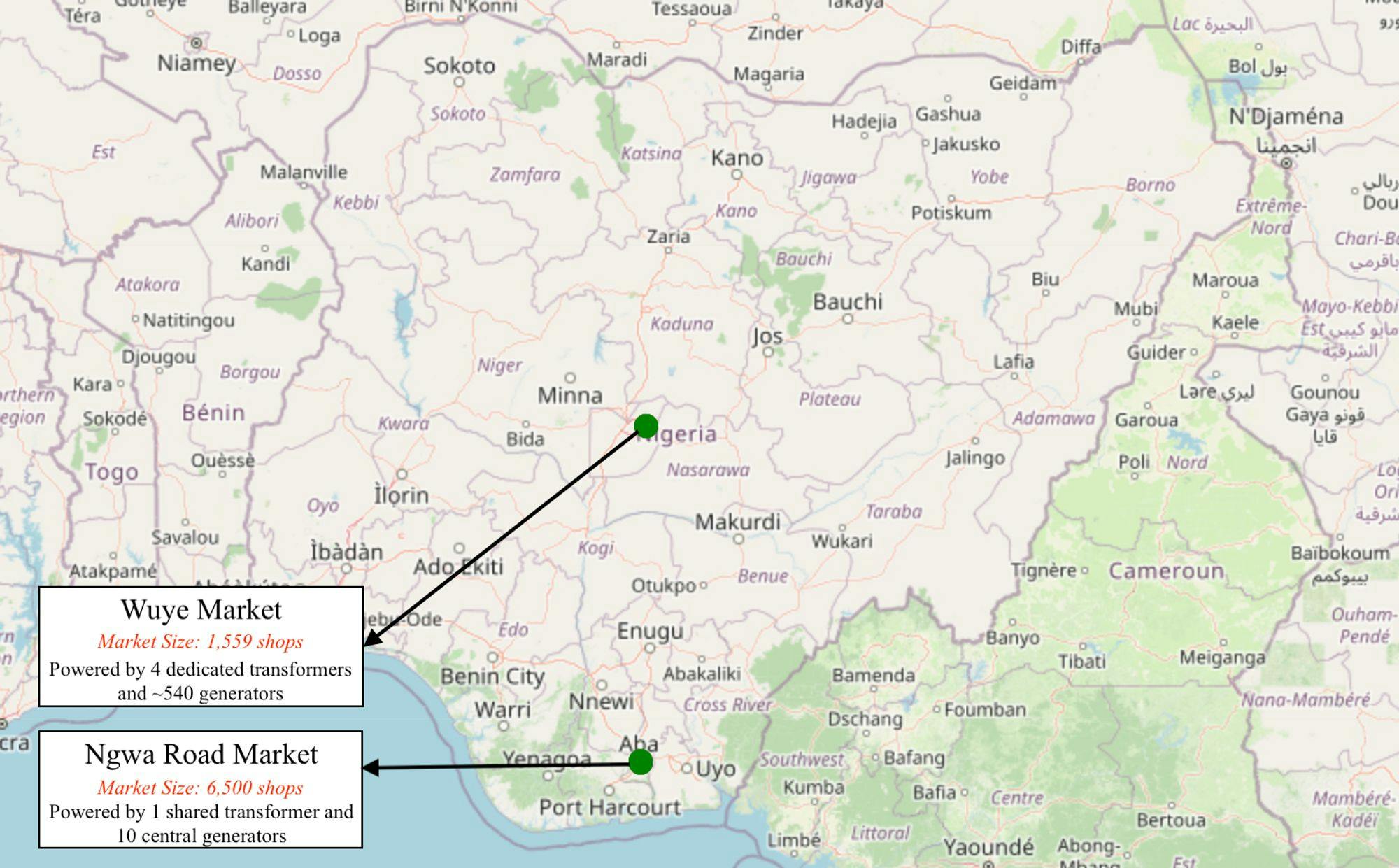 Figure 5: Geographic locations of Wuye and Ngwa Road markets. Wuye Market is located in Abuja, in the Federal Capital Territory (FCT), and Ngwa Road Market is located in Aba, in the southeast region of the country.
