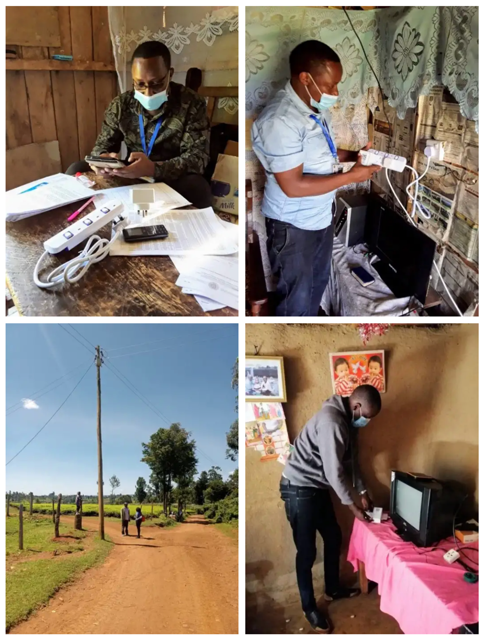 Figure 3: Photos from the first deployment in June 2021, illustrating the installation of sensors in participants’ homes in LMCP transformer connected communities. (Photo credit: Solomon Mutai, Ken Mamai and Valentine Yego)